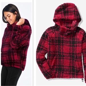 VS PINK Burgundy and Black Plaid Fleece Hooded Sweatshirt